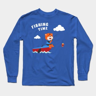 Vector cartoon illustration of cute tiger fishing on sailboat Long Sleeve T-Shirt